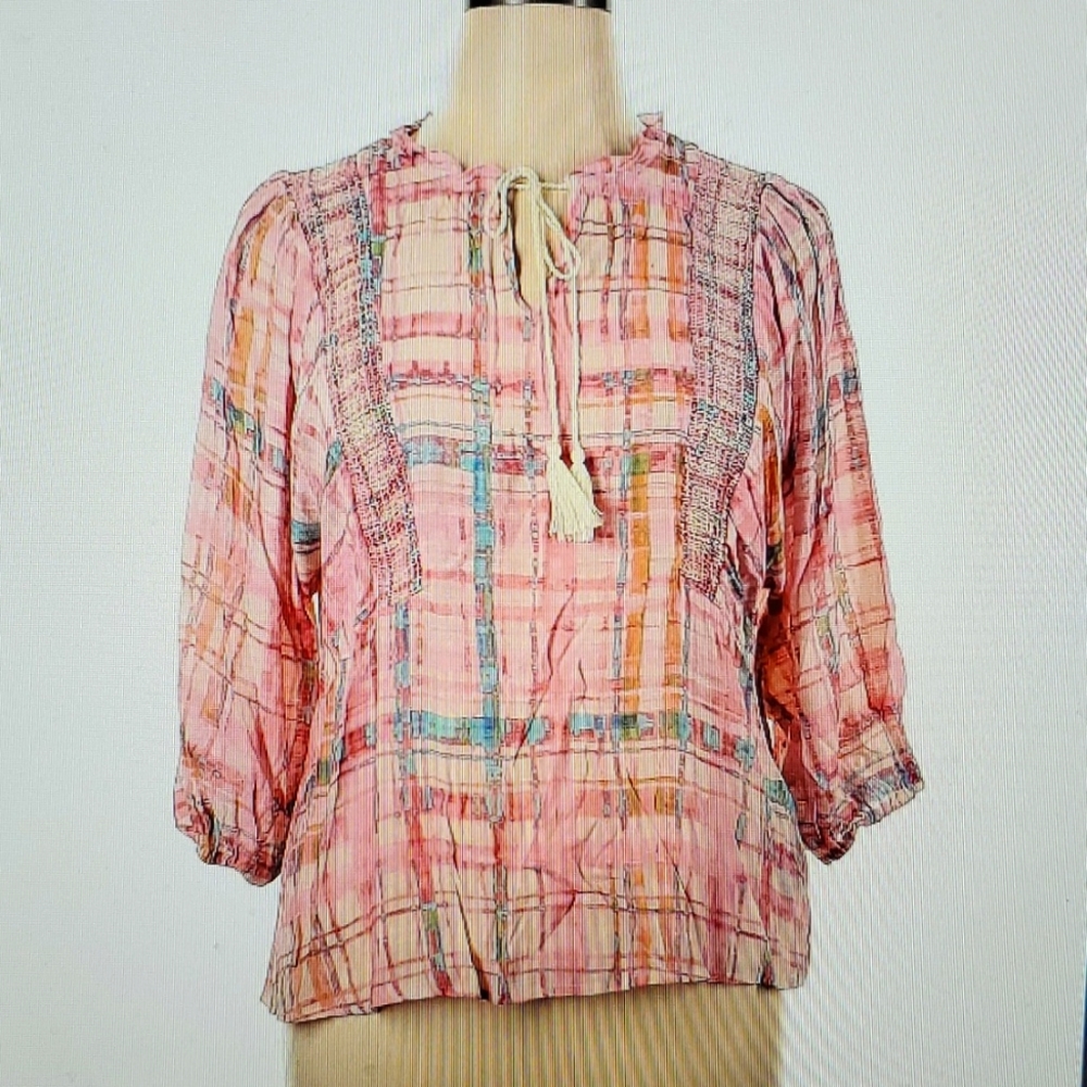 Zac & Rachel Pink Plaid Peasant Blouse